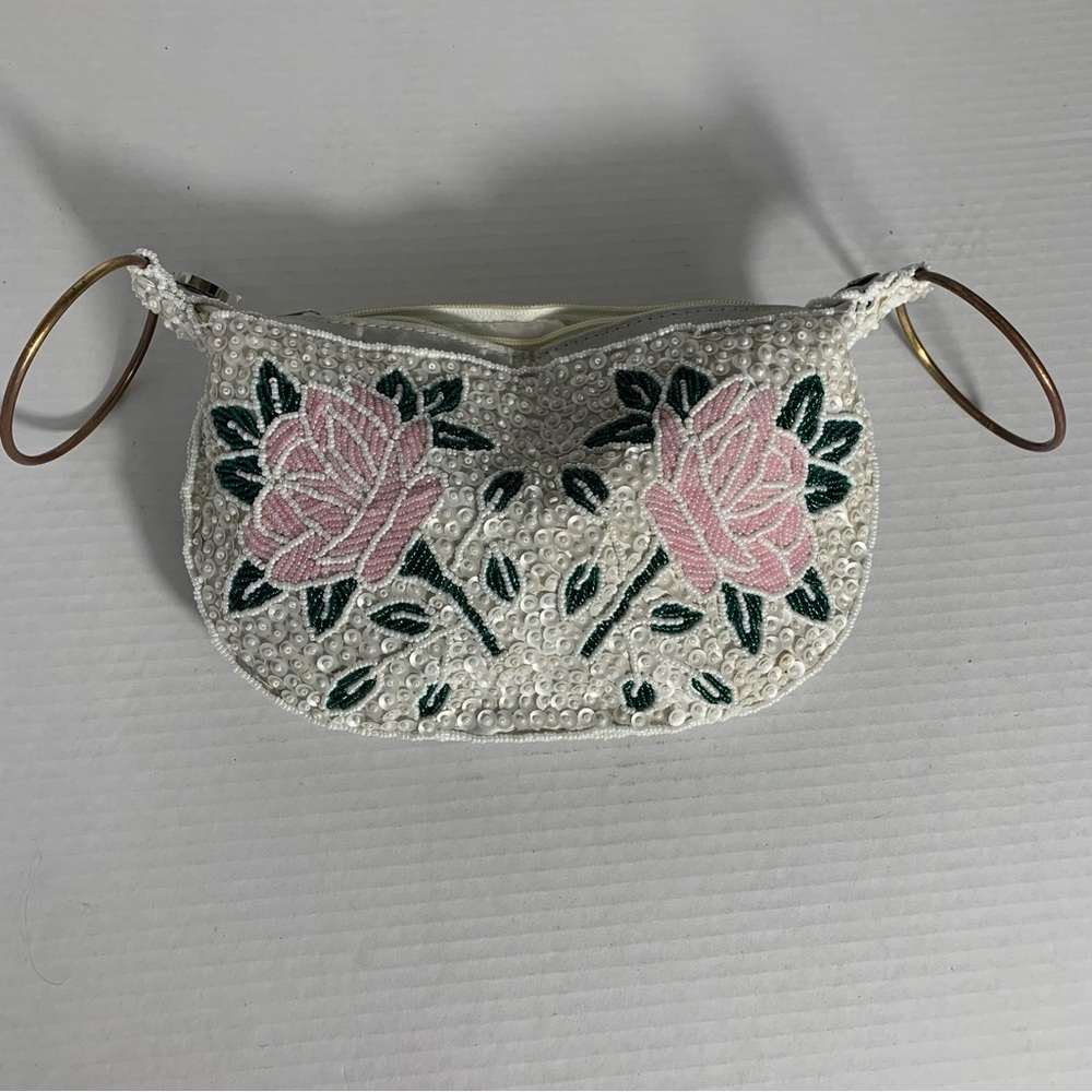 Beaded Satin Vintage Style Handbag with Floral Design
